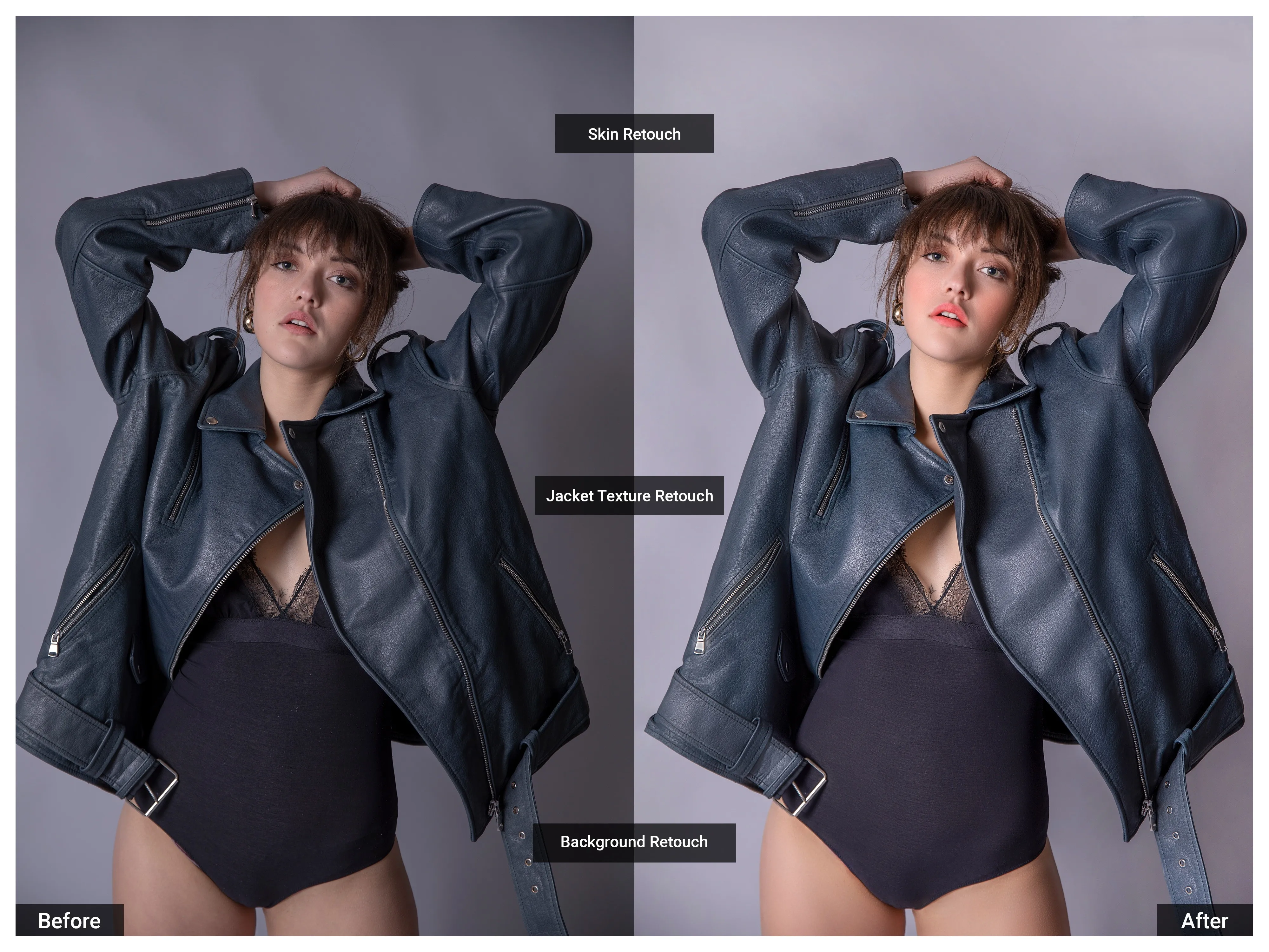 Professional leather jacket texture retouching and skin smoothing: Before and after high-end fashion photo editing services